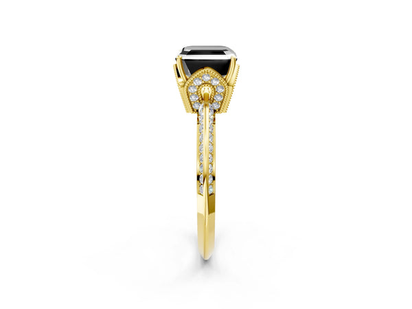 Yellow Gold Asscher Cut Graduated Pave Engagement Ring Setting for Black Center