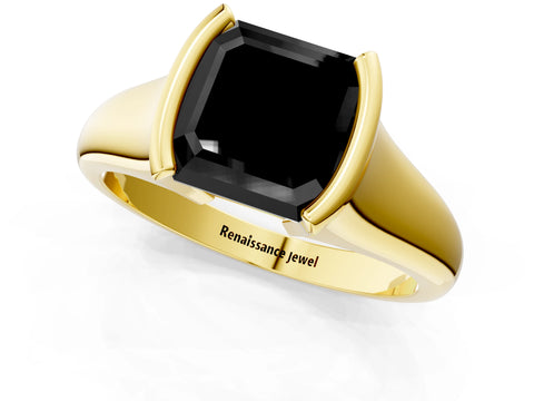 Yellow gold Fancy Black Asscher Cut Solitaire Tension Set Diamond Ring with Split Shank Band_1