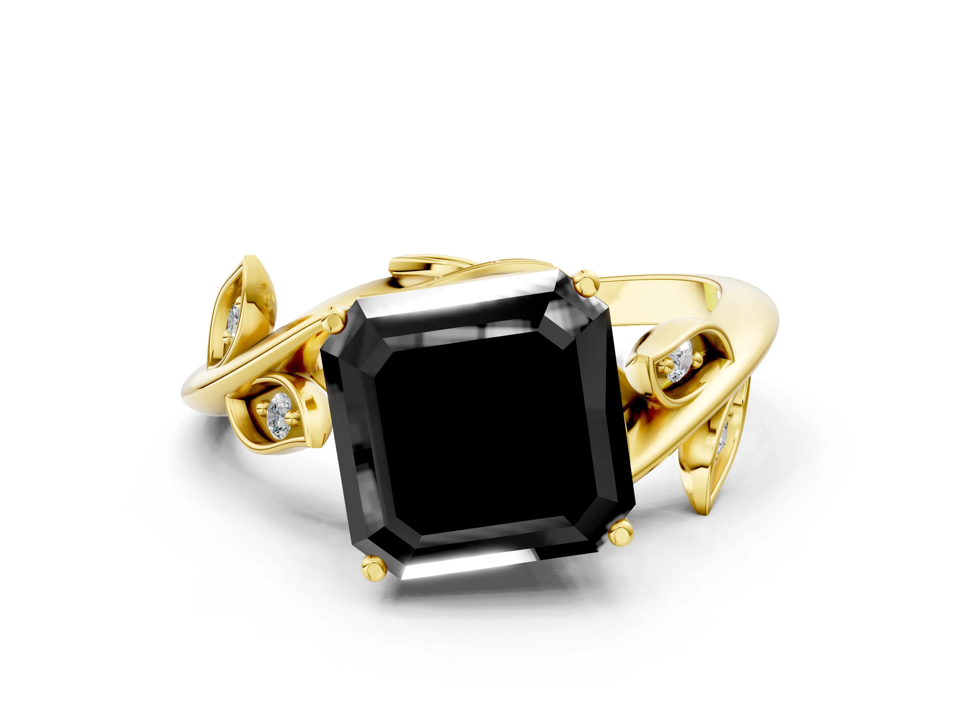 Yellow gold Fancy Black Asscher Cut Solitaire Twist Engagement Ring with Leaf Accents and Prong Setting_12
