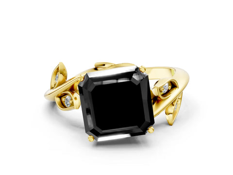 Yellow gold Fancy Black Asscher Cut Solitaire Twist Engagement Ring with Leaf Accents and Prong Setting_12