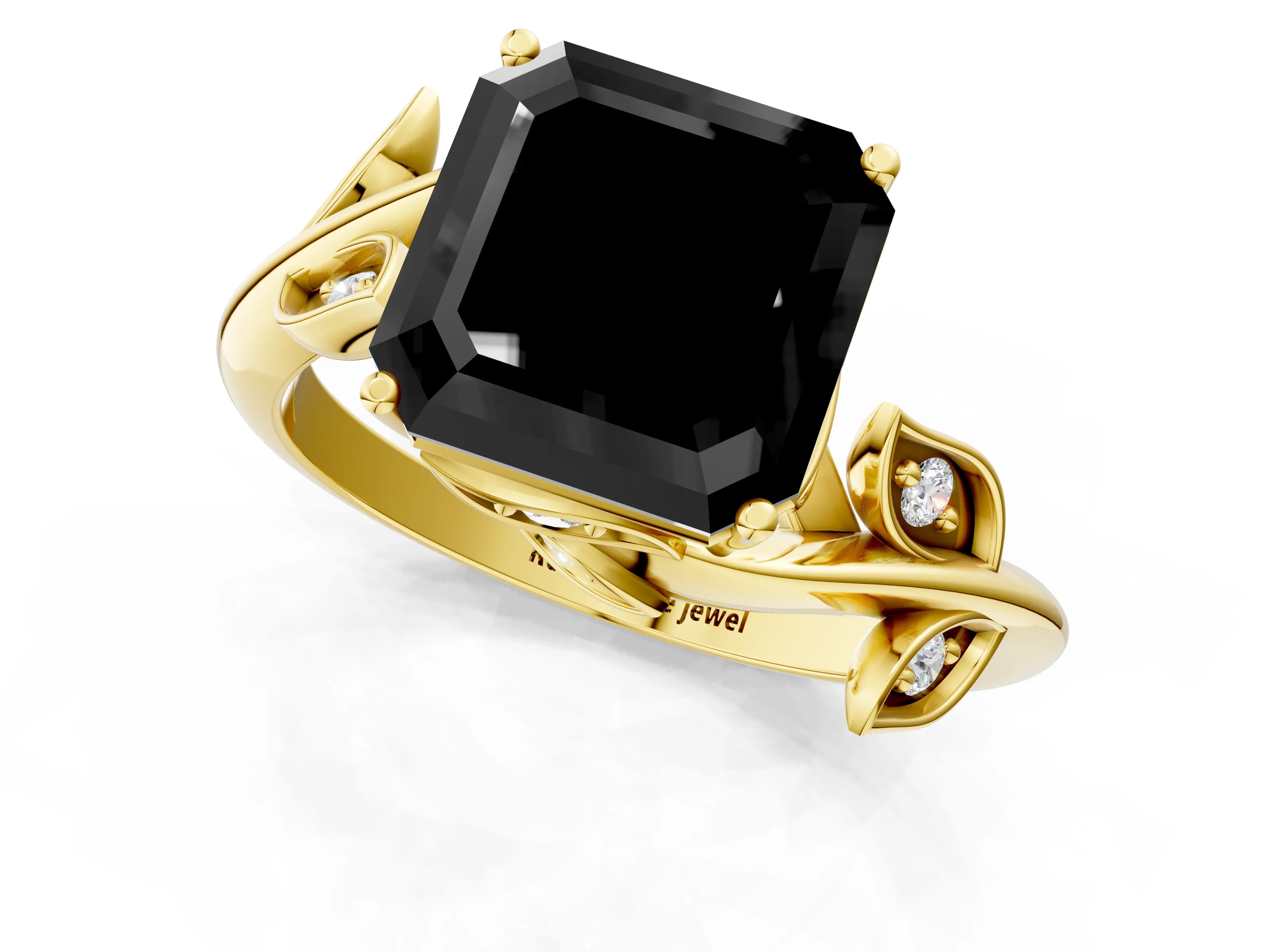 Yellow gold Fancy Black Asscher Cut Solitaire Twist Engagement Ring with Leaf Accents and Prong Setting_13