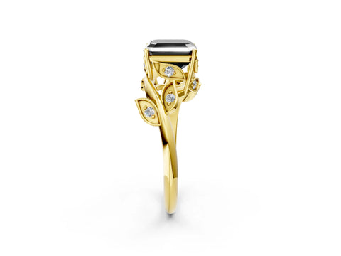 Yellow gold Fancy Black Asscher Cut Solitaire Twist Engagement Ring with Leaf Accents and Prong Setting_14