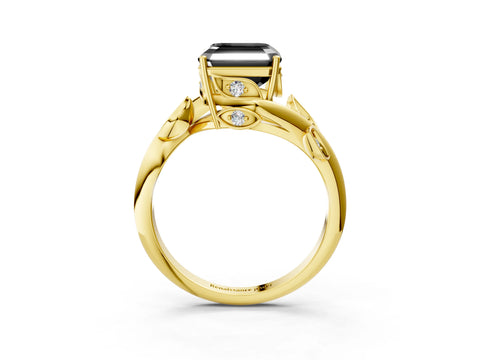 Yellow gold Fancy Black Asscher Cut Solitaire Twist Engagement Ring with Leaf Accents and Prong Setting_15
