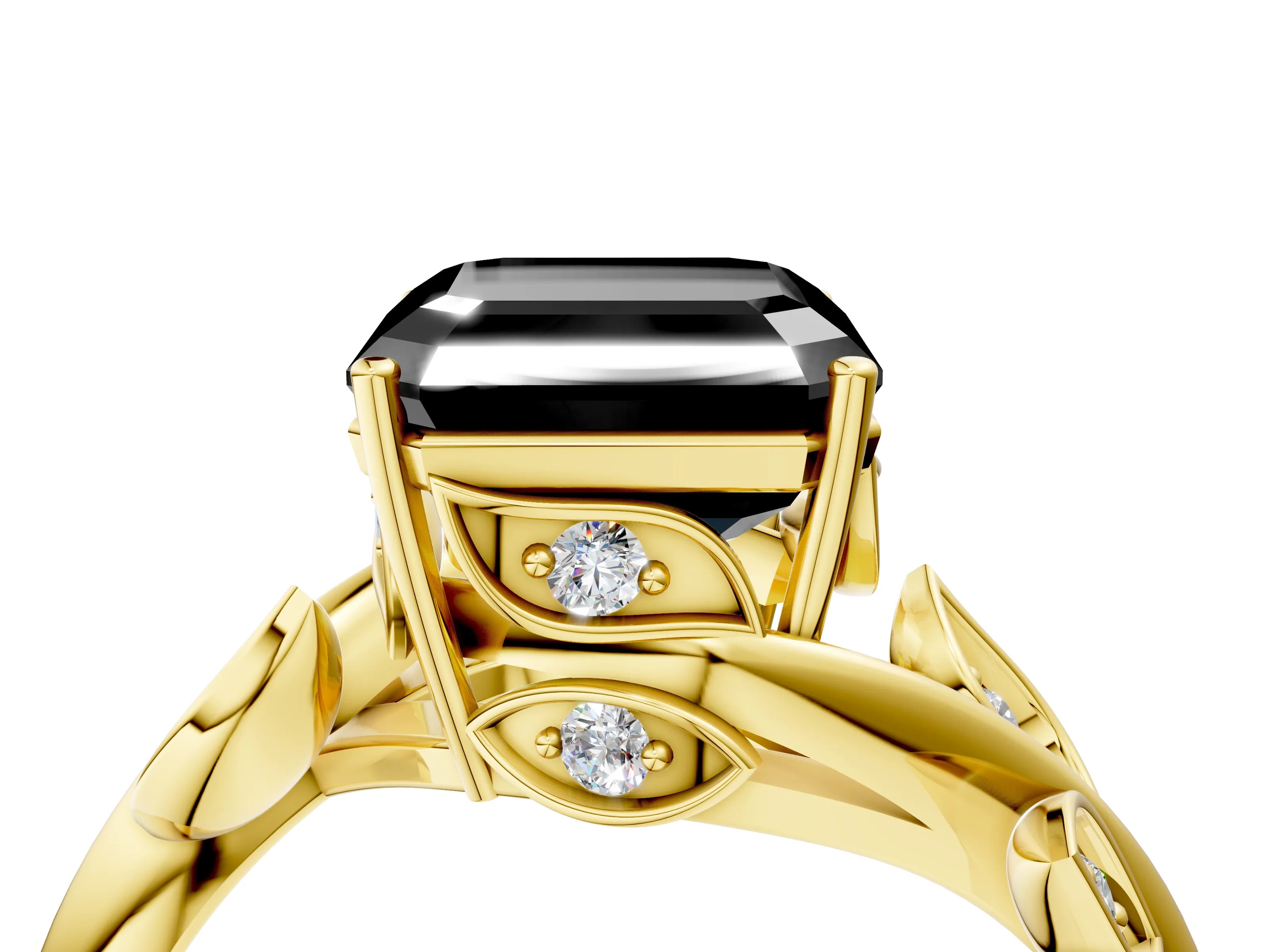 Yellow gold Fancy Black Asscher Cut Solitaire Twist Engagement Ring with Leaf Accents and Prong Setting_16