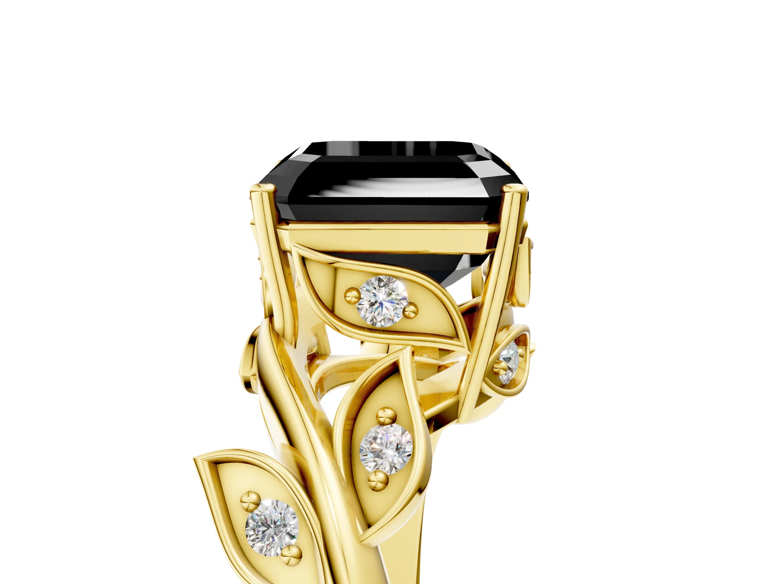 Yellow gold Fancy Black Asscher Cut Solitaire Twist Engagement Ring with Leaf Accents and Prong Setting_17
