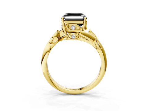 Yellow gold Fancy Black Asscher Cut Solitaire Twist Engagement Ring with Leaf Accents and Prong Setting_3