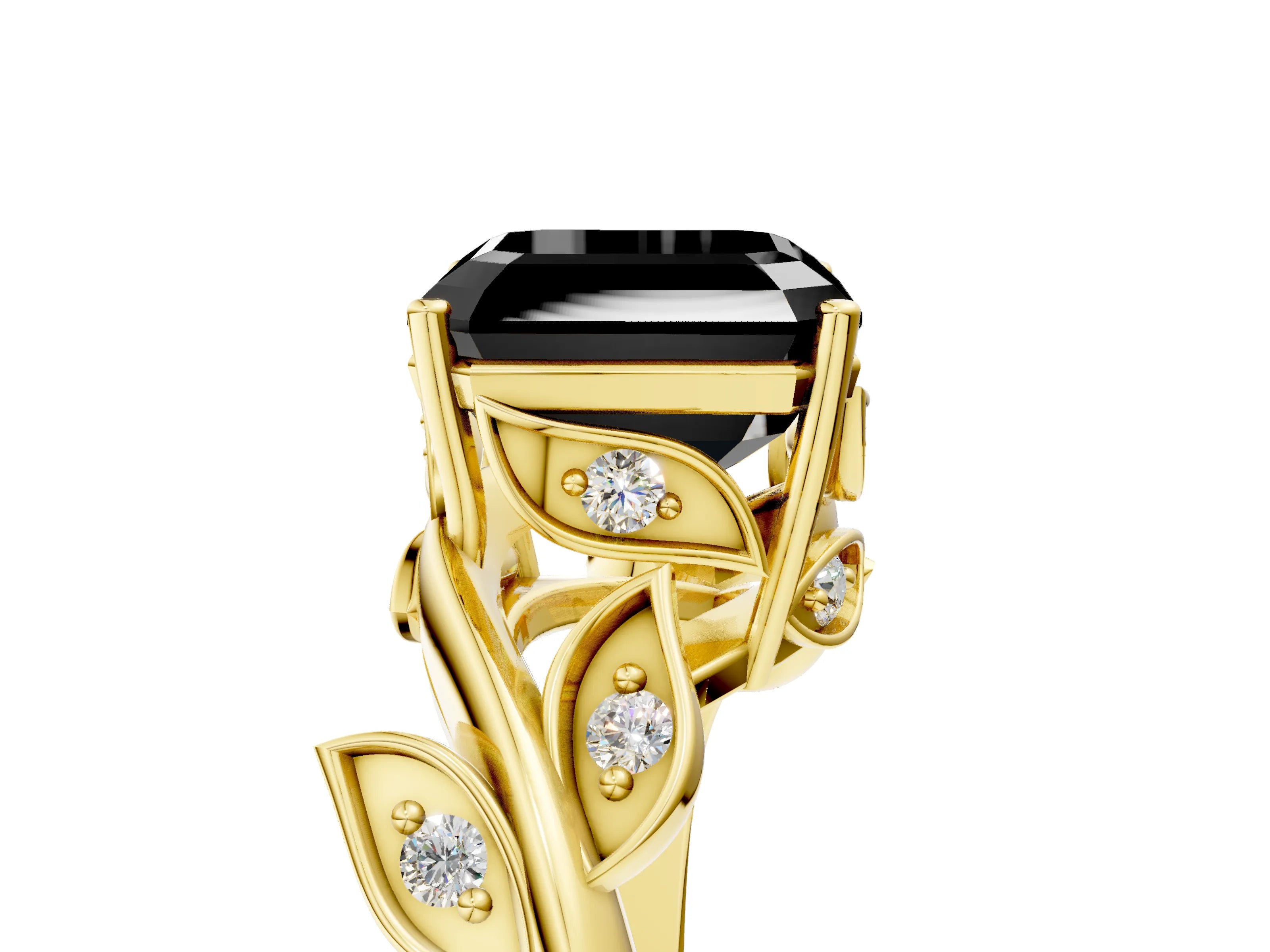 Yellow gold Fancy Black Asscher Cut Solitaire Twist Engagement Ring with Leaf Accents and Prong Setting_5