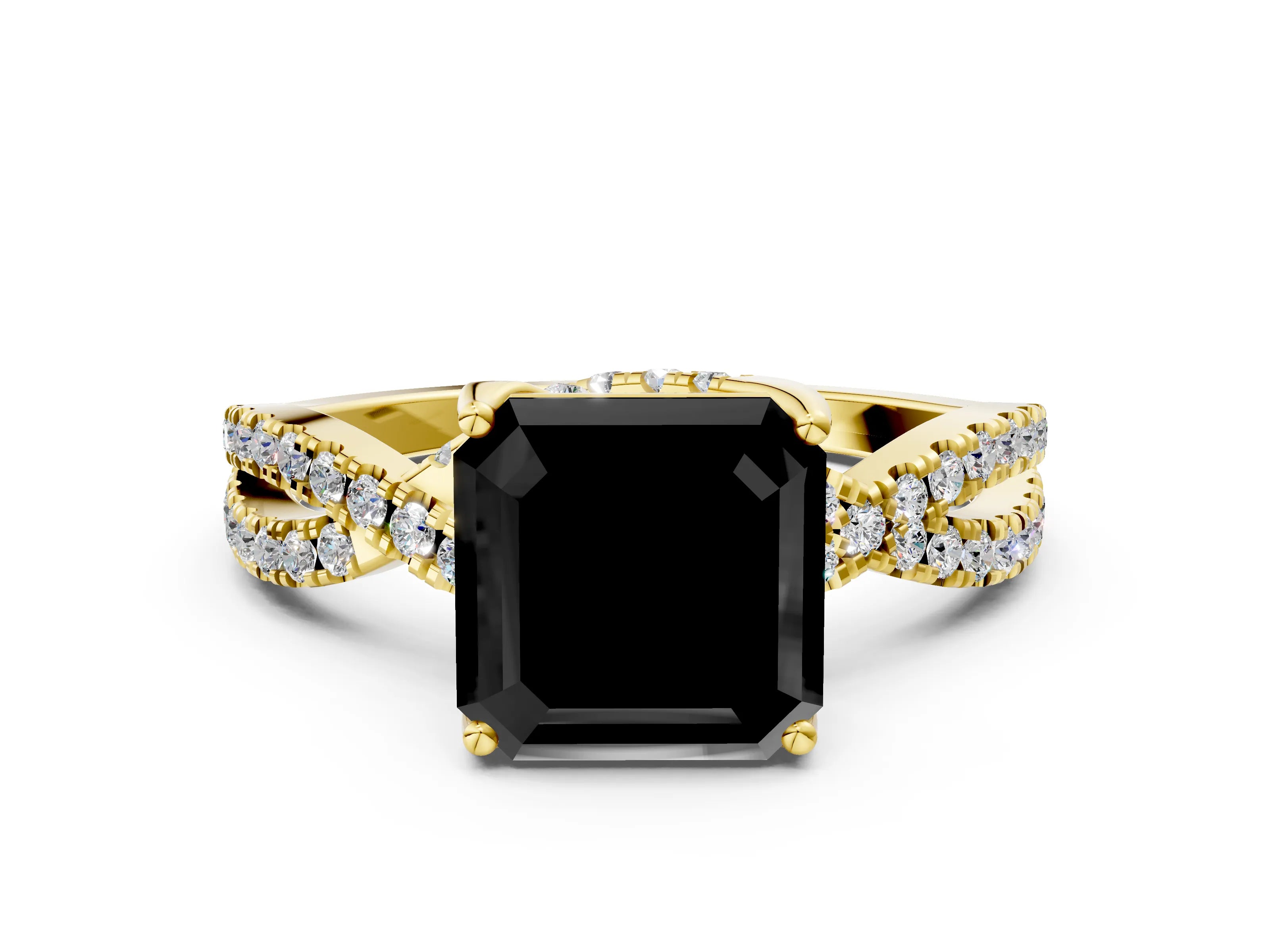 Yellow gold Fancy Black Asscher Cut Solitaire Twist Pave Diamond Engagement Ring with Prong Setting