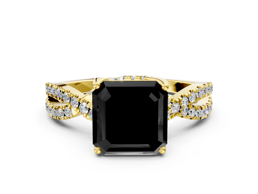 Yellow gold Fancy Black Asscher Cut Solitaire Twist Pave Diamond Engagement Ring with Prong Setting