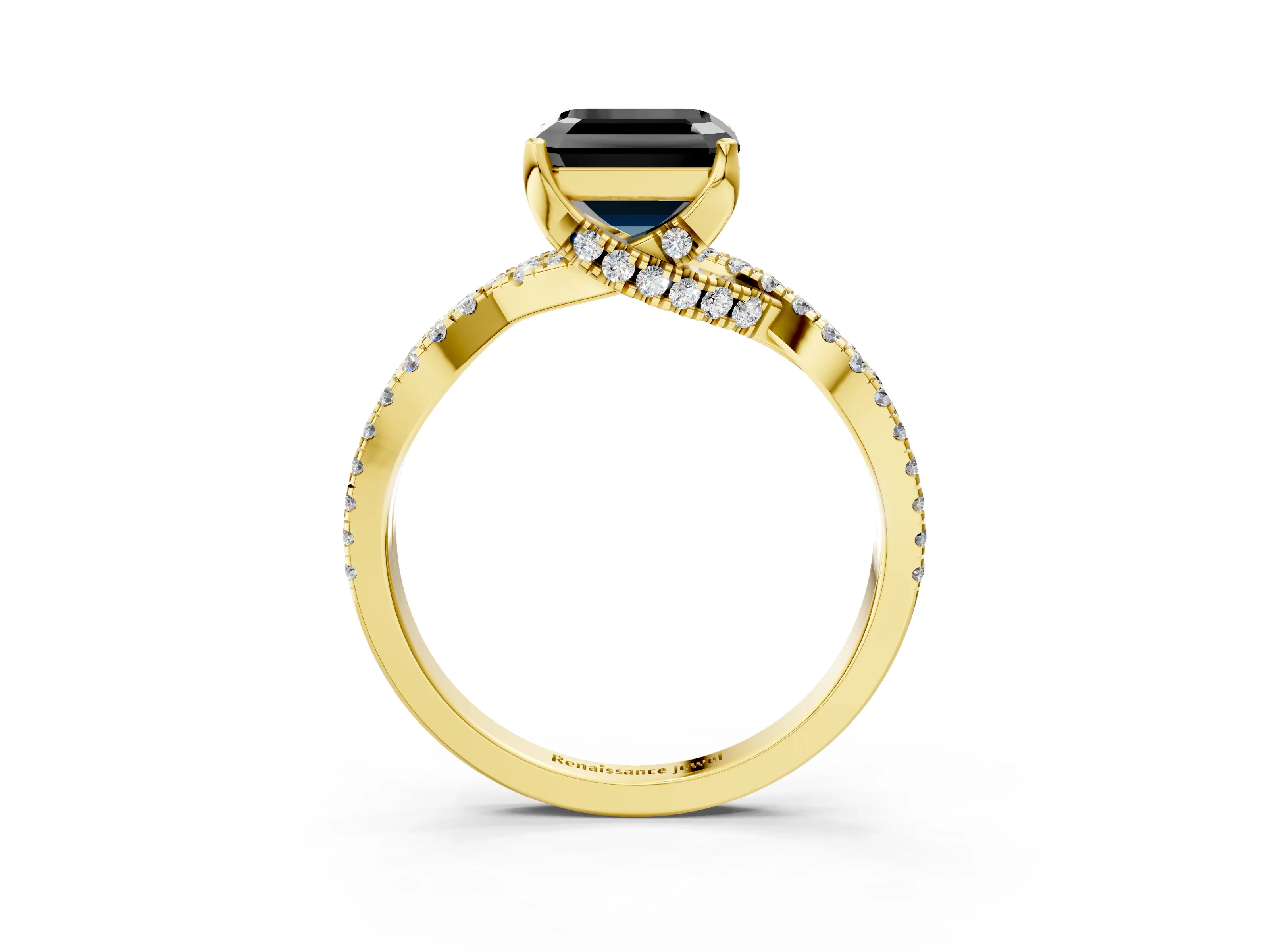 Yellow gold Fancy Black Asscher Cut Solitaire Twist Pave Diamond Engagement Ring with Prong Setting_3