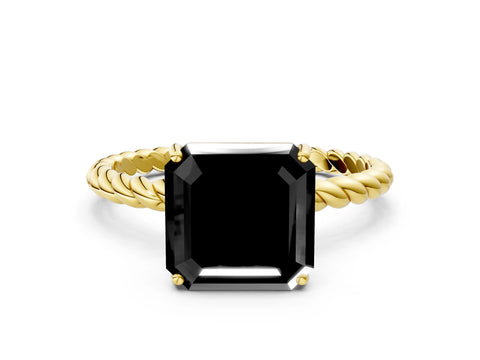 Yellow gold Fancy Black Asscher Cut Solitaire Twisted Band 4-Prong Ring_12