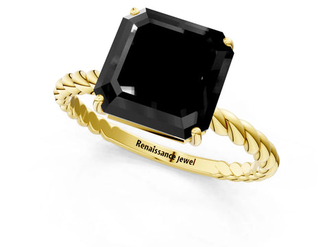 Yellow gold Fancy Black Asscher Cut Solitaire Twisted Band 4-Prong Ring_13