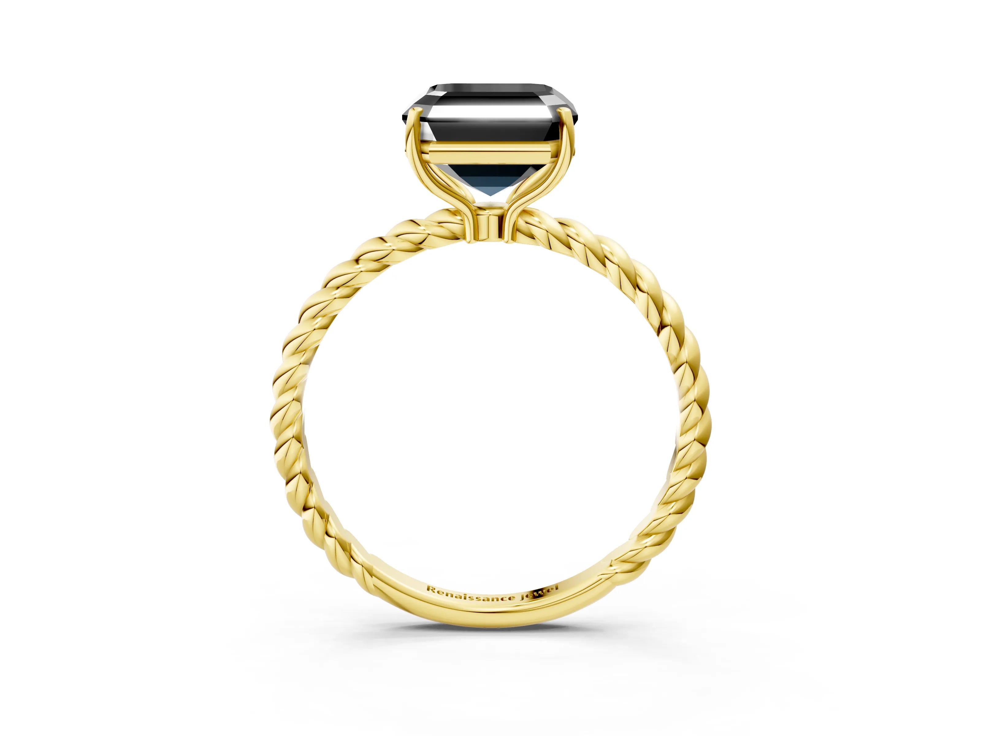 Yellow gold Fancy Black Asscher Cut Solitaire Twisted Band 4-Prong Ring_15