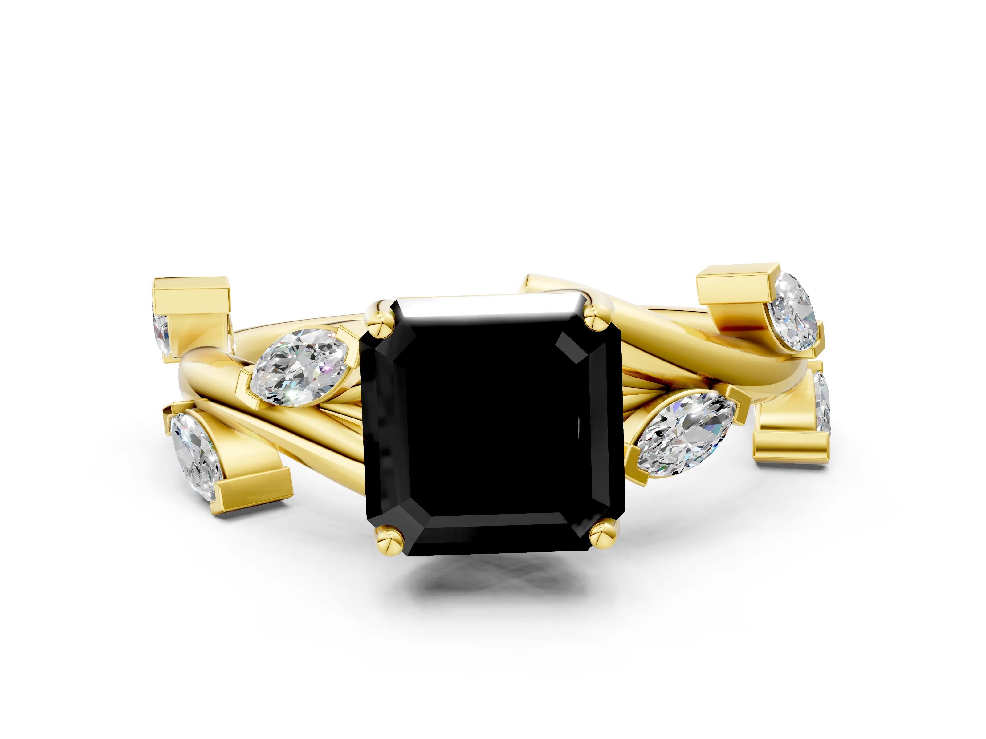 Yellow gold Fancy Black Asscher Cut Solitaire Twisted Band Marquise Accent Prong Setting Ring