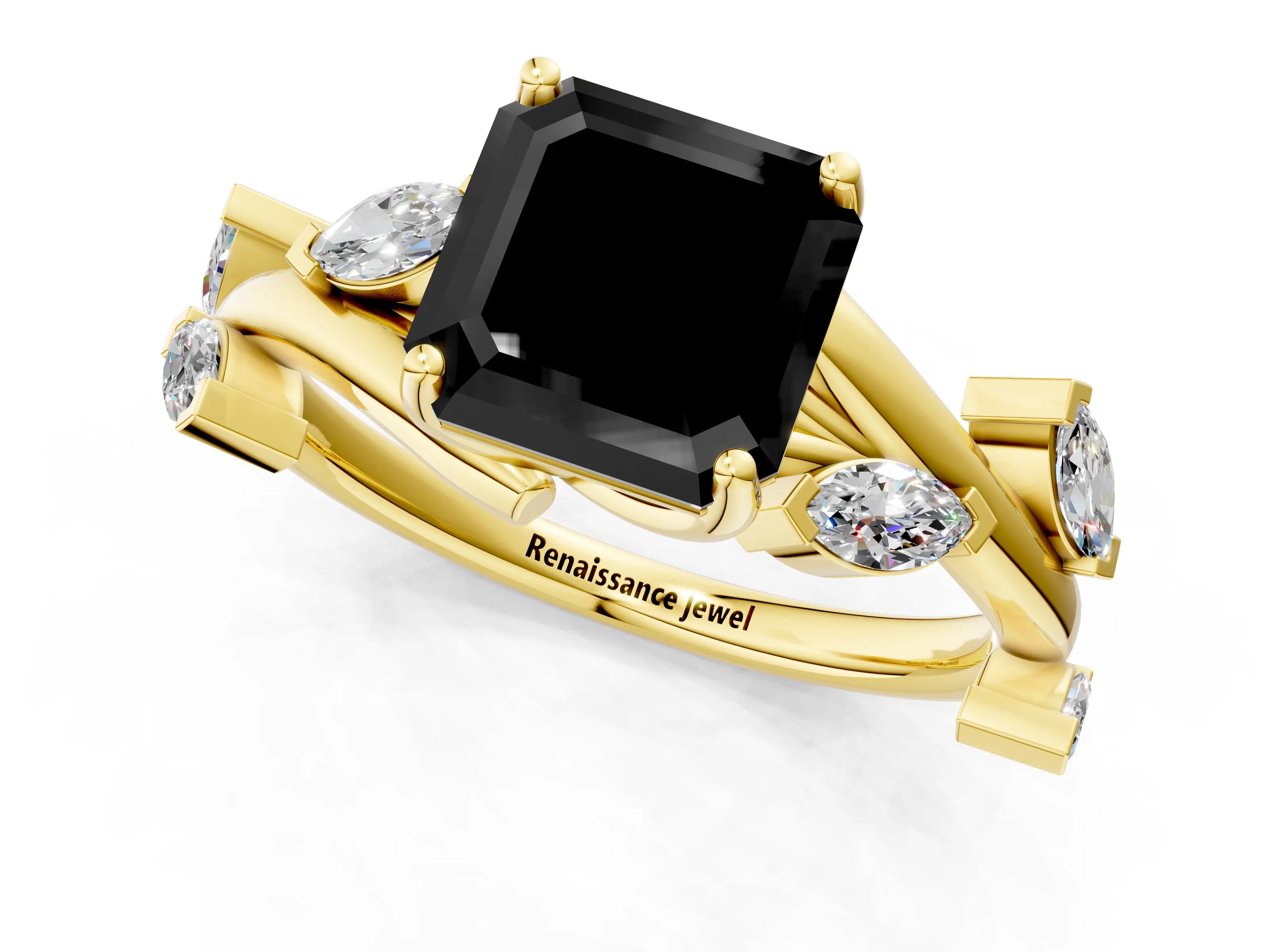 Yellow gold Fancy Black Asscher Cut Solitaire Twisted Band Marquise Accent Prong Setting Ring_1