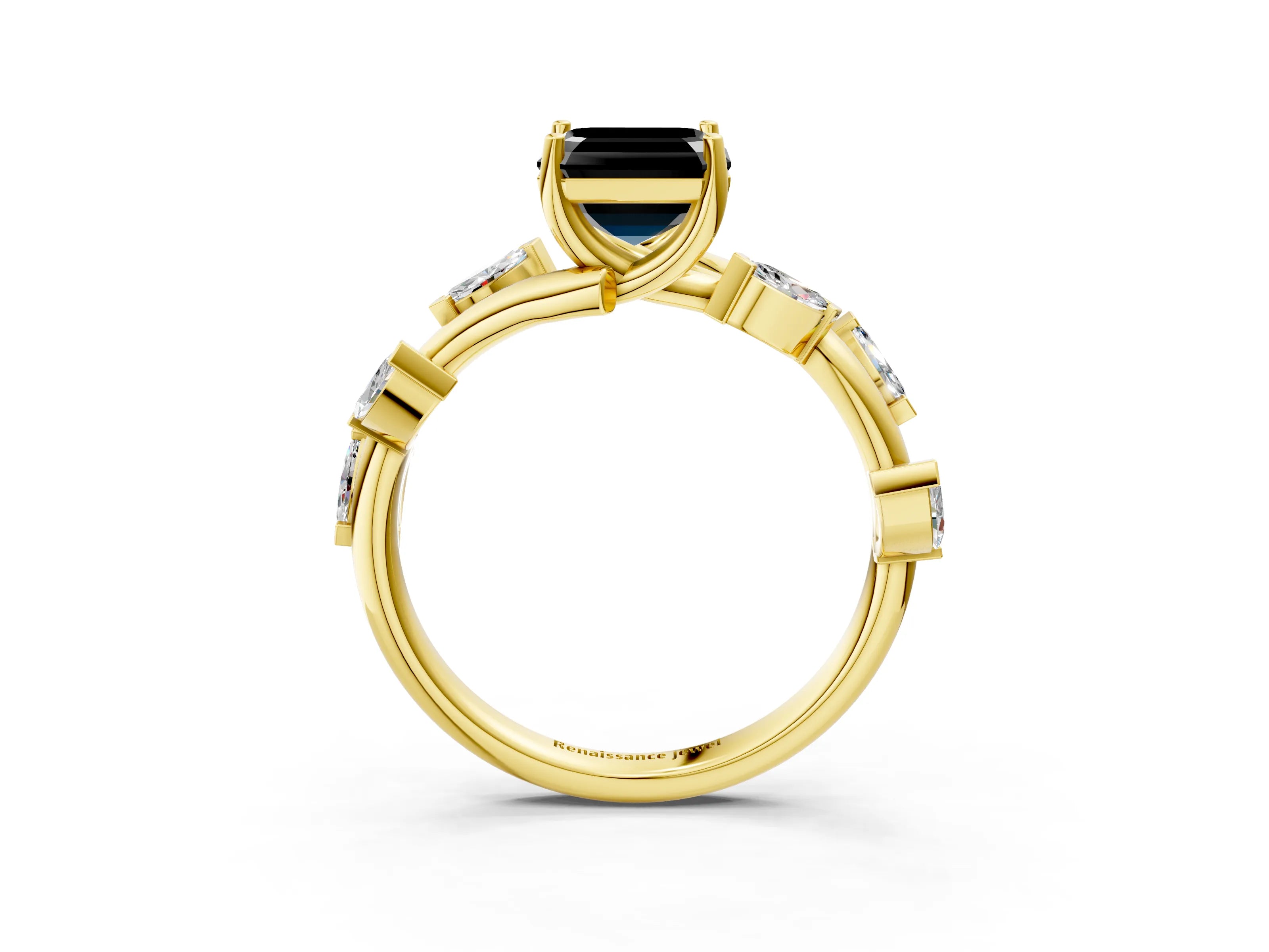 Yellow gold Fancy Black Asscher Cut Solitaire Twisted Band Marquise Accent Prong Setting Ring_3
