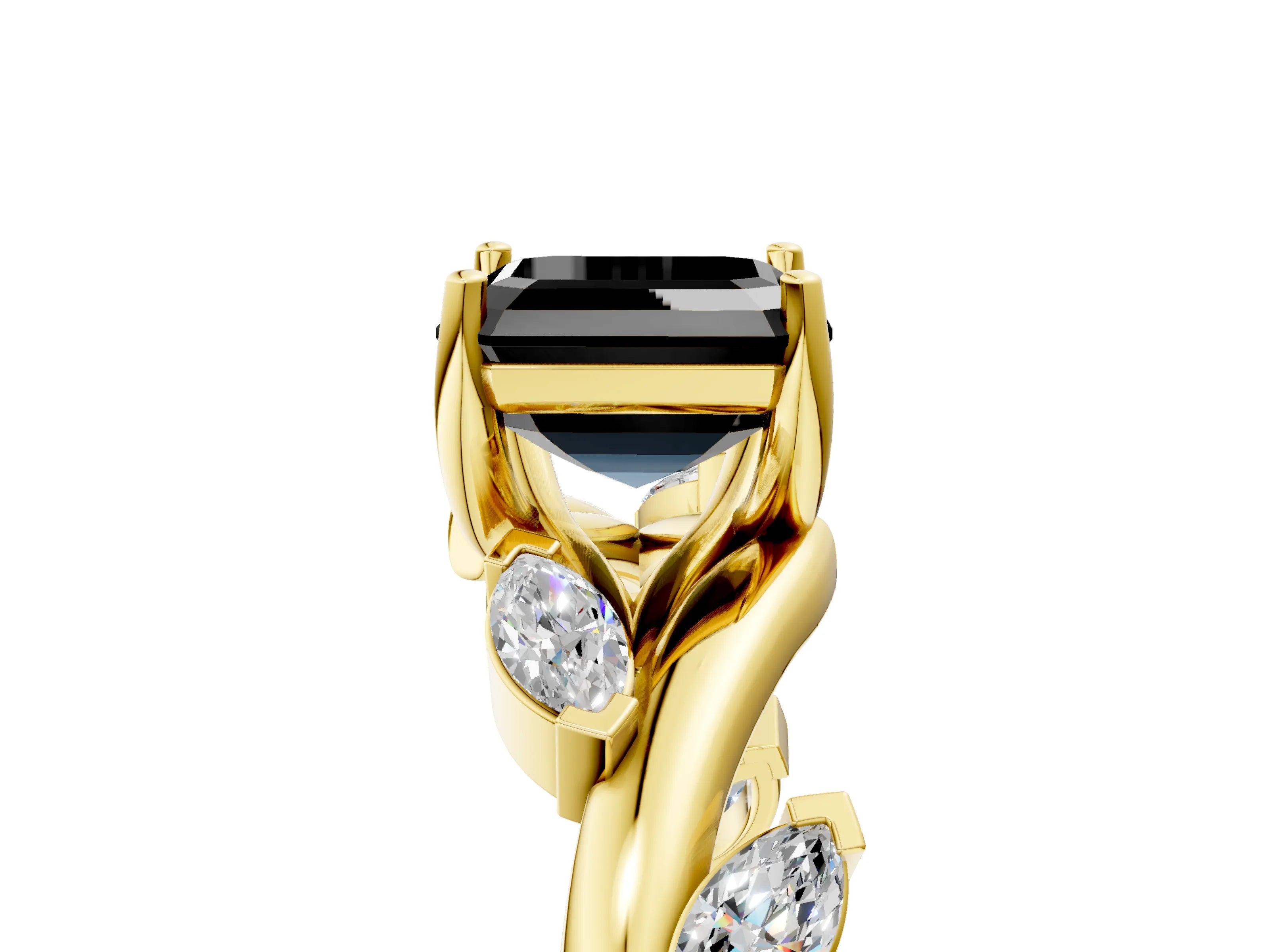 Yellow gold Fancy Black Asscher Cut Solitaire Twisted Band Marquise Accent Prong Setting Ring_5