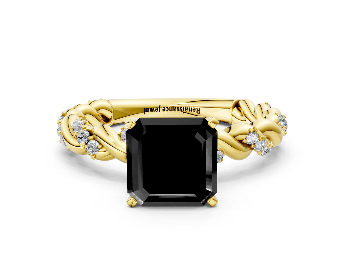 Yellow gold Fancy Black Asscher Cut Solitaire Twisted Band with Pavé Accents and Four-Prong Setting
