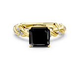 Yellow gold Fancy Black Asscher Cut Solitaire Twisted Band with Pavé Accents and Four-Prong Setting