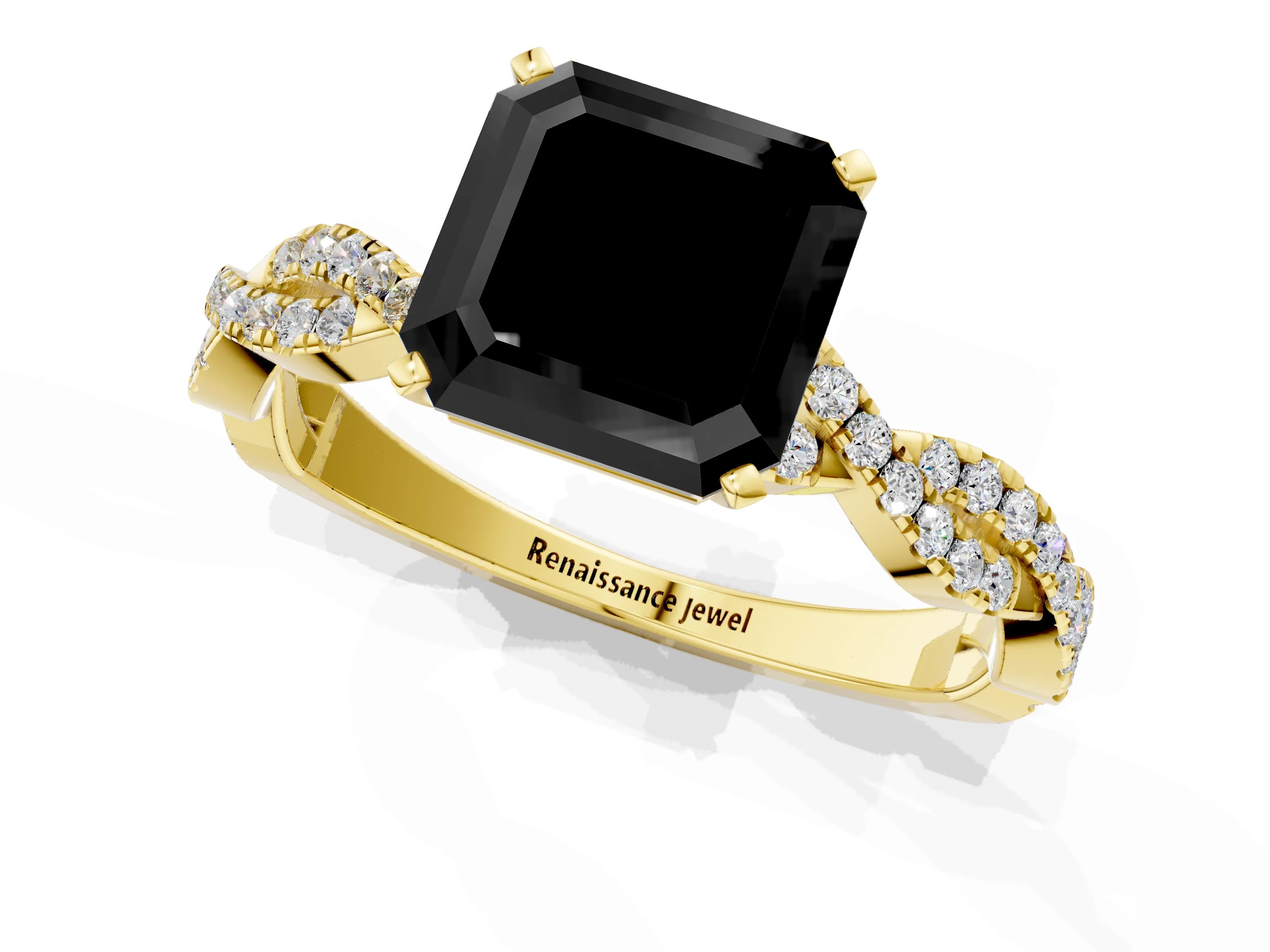Yellow gold Fancy Black Asscher Cut Solitaire Twisted Pave Band with Four-Prong Setting_4