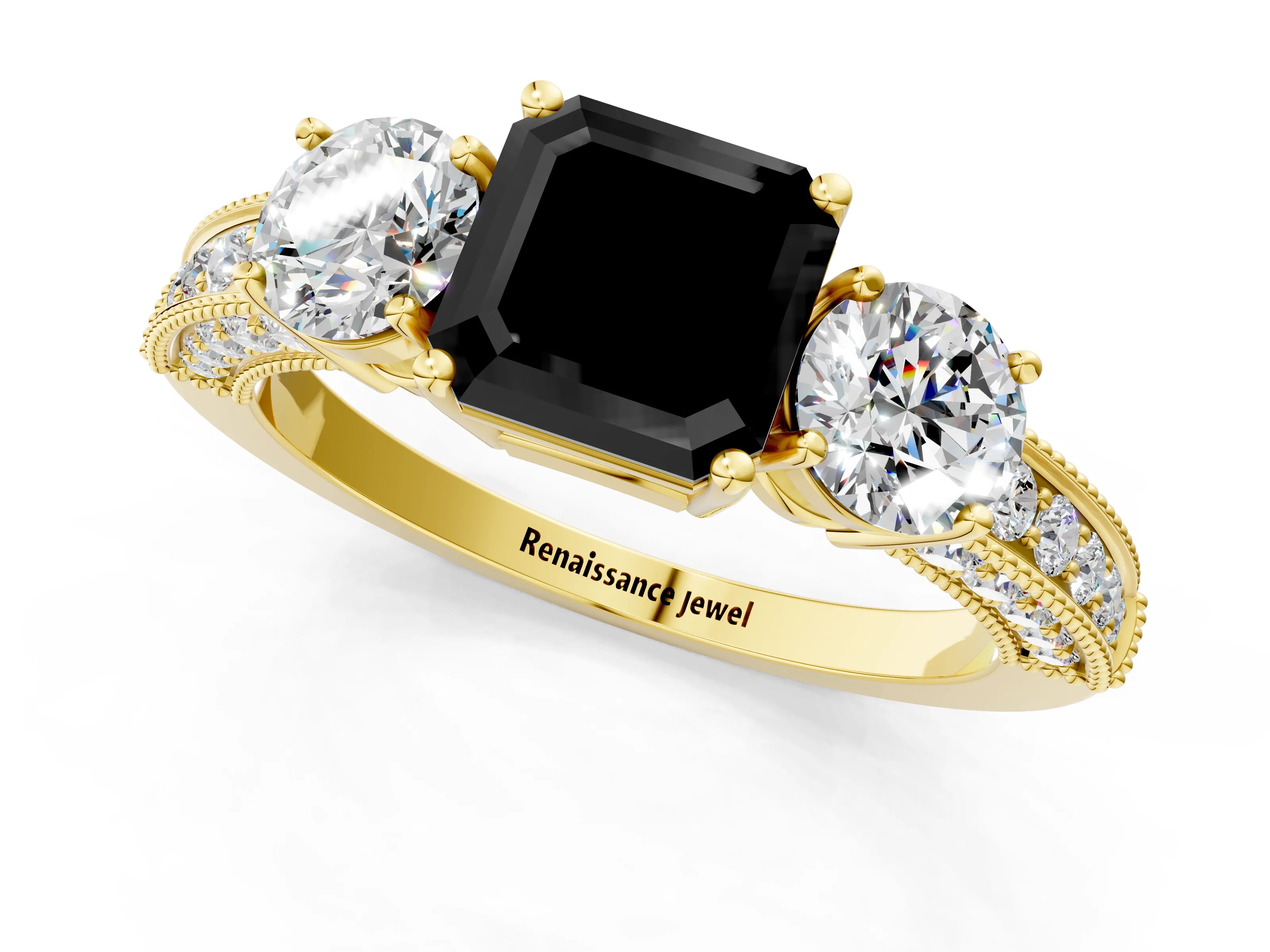Yellow gold Fancy Black Asscher Cut Three-Stone Diamond Ring with Pavé Band and Four-Prong Setting_1
