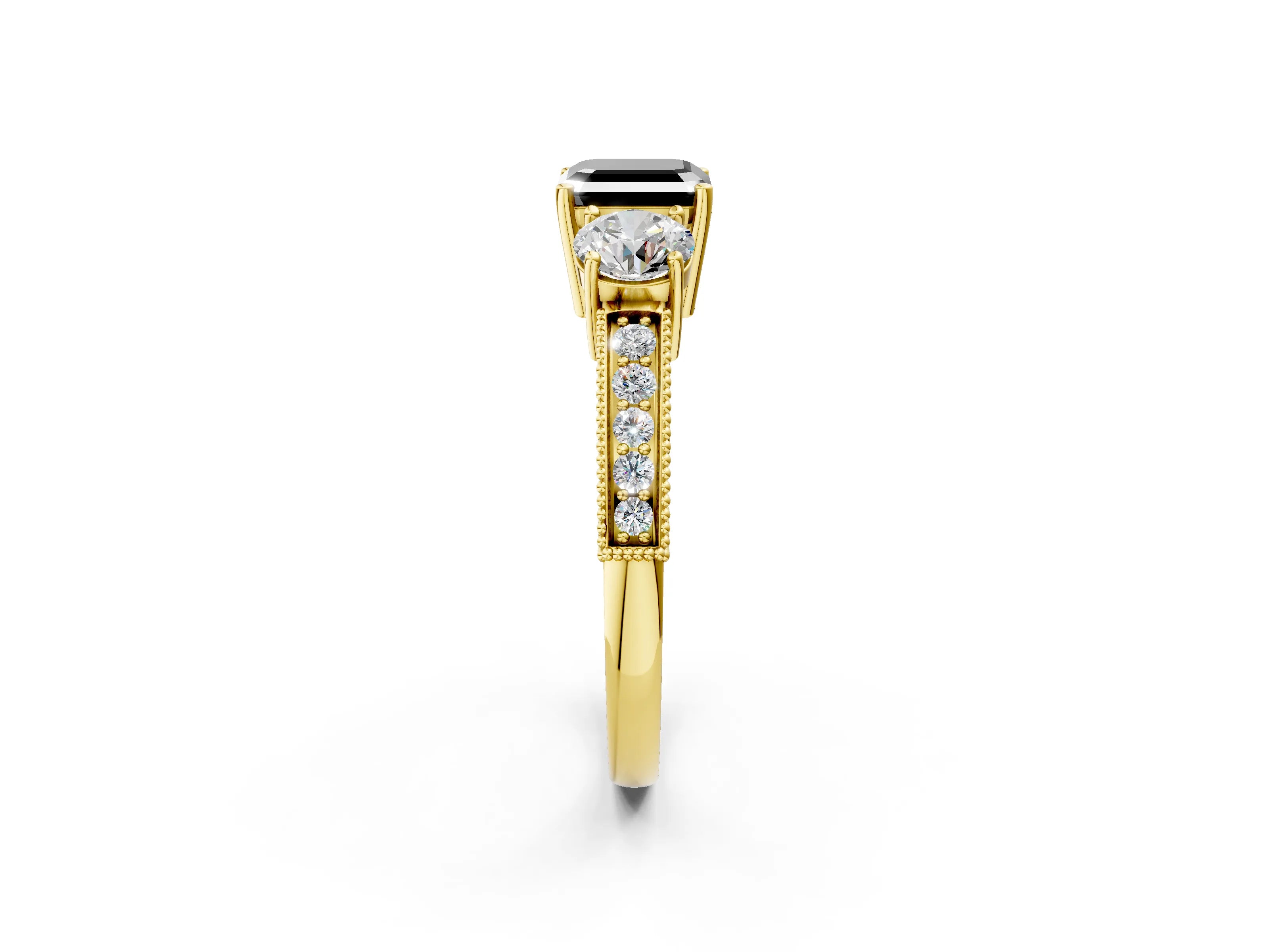 Yellow gold Fancy Black Asscher Cut Three-Stone Diamond Ring with Pavé Band and Four-Prong Setting_2