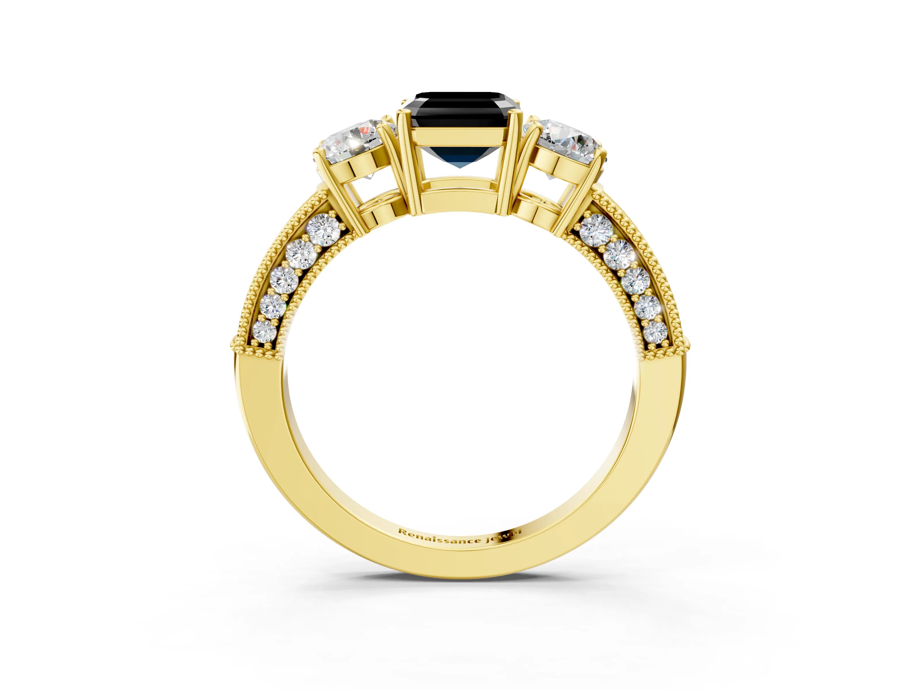 Yellow gold Fancy Black Asscher Cut Three-Stone Diamond Ring with Pavé Band and Four-Prong Setting_3