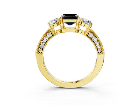 Yellow gold Fancy Black Asscher Cut Three-Stone Diamond Ring with Pavé Band and Four-Prong Setting_3