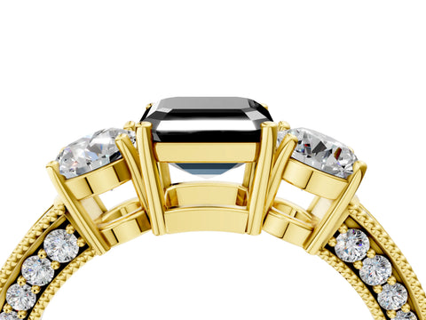 Yellow gold Fancy Black Asscher Cut Three-Stone Diamond Ring with Pavé Band and Four-Prong Setting_4