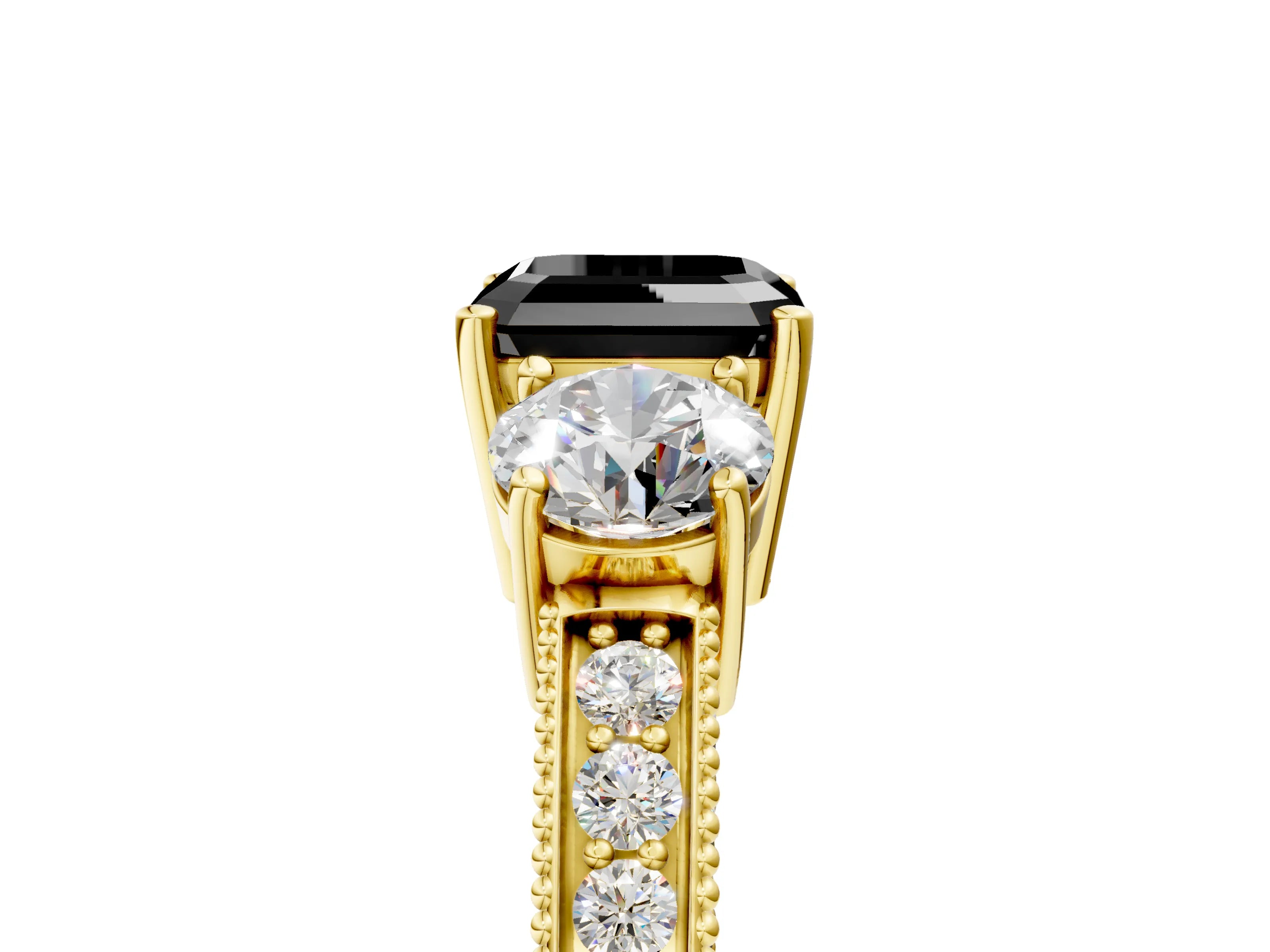 Yellow gold Fancy Black Asscher Cut Three-Stone Diamond Ring with Pavé Band and Four-Prong Setting_5