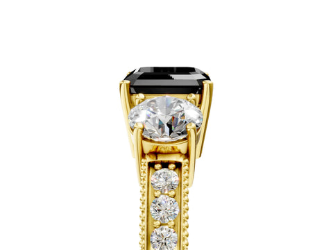 Yellow gold Fancy Black Asscher Cut Three-Stone Diamond Ring with Pavé Band and Four-Prong Setting_5