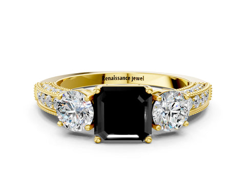 Yellow gold Fancy Black Asscher Cut Three-Stone Diamond Ring with Pavé Band and Four-Prong Setting