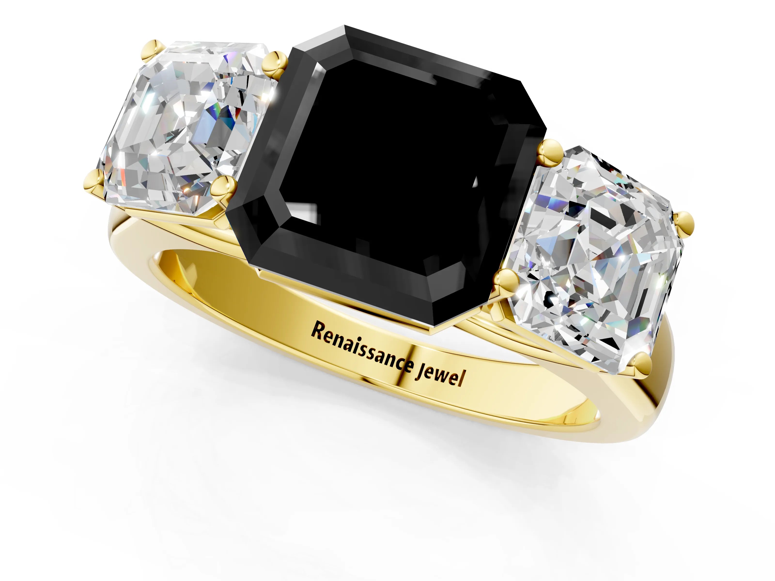 Yellow gold Fancy Black Asscher Cut Three-Stone Diamond Ring with Prong Setting on a Classic Band_1