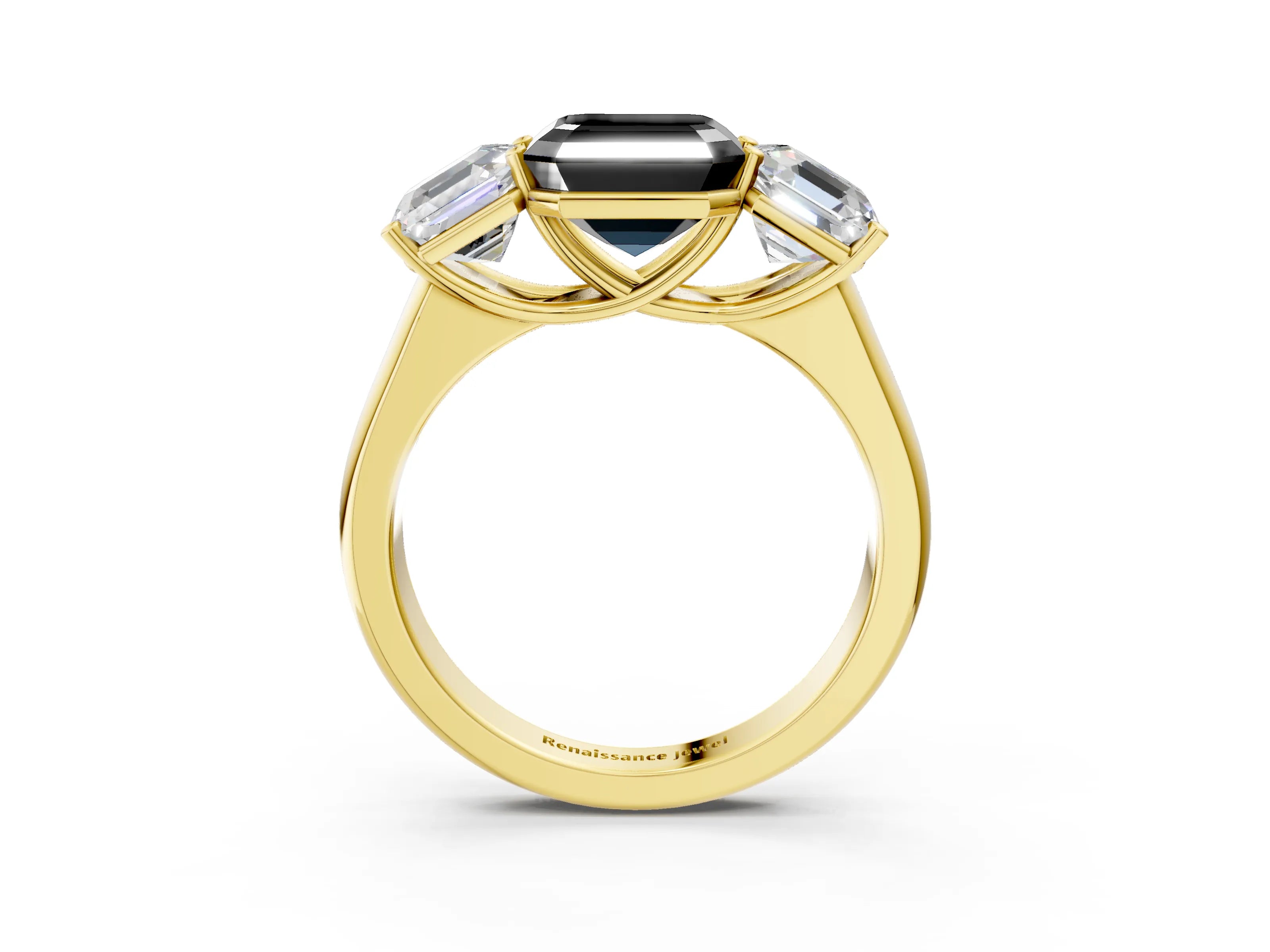 Yellow gold Fancy Black Asscher Cut Three-Stone Diamond Ring with Prong Setting on a Classic Band_3