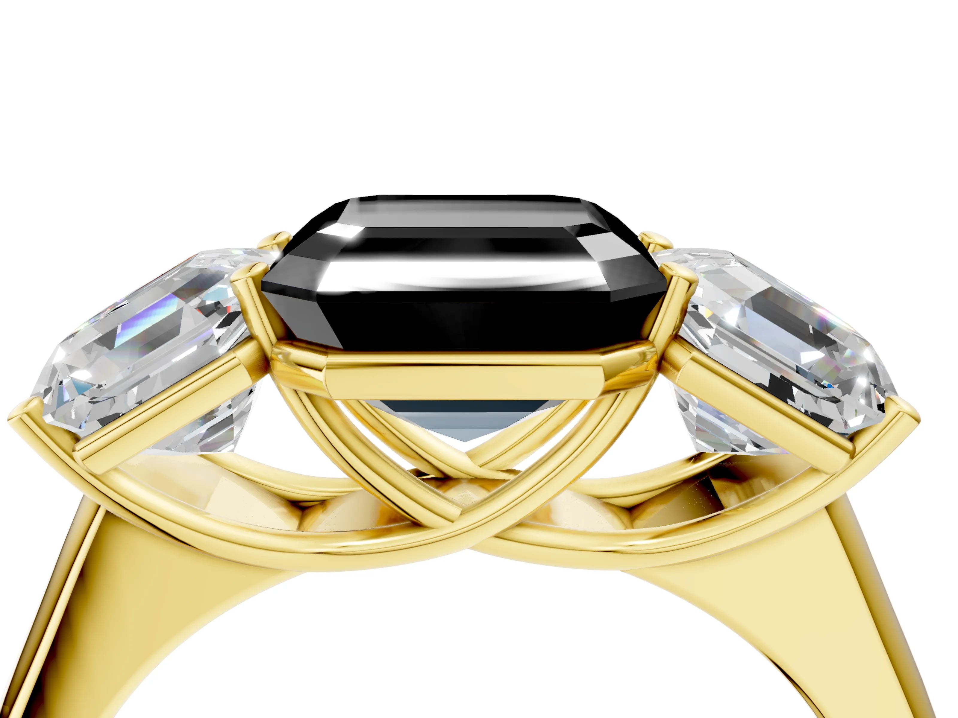 Yellow gold Fancy Black Asscher Cut Three-Stone Diamond Ring with Prong Setting on a Classic Band_4