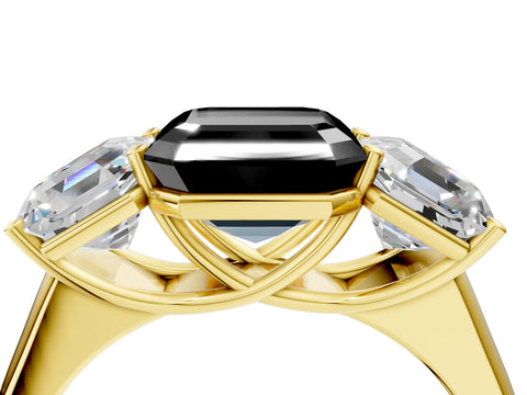 Yellow gold Fancy Black Asscher Cut Three-Stone Diamond Ring with Prong Setting on a Classic Band_4