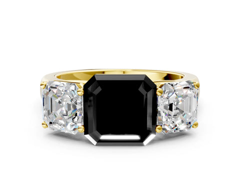 Yellow gold Fancy Black Asscher Cut Three-Stone Diamond Ring with Prong Setting on a Classic Band