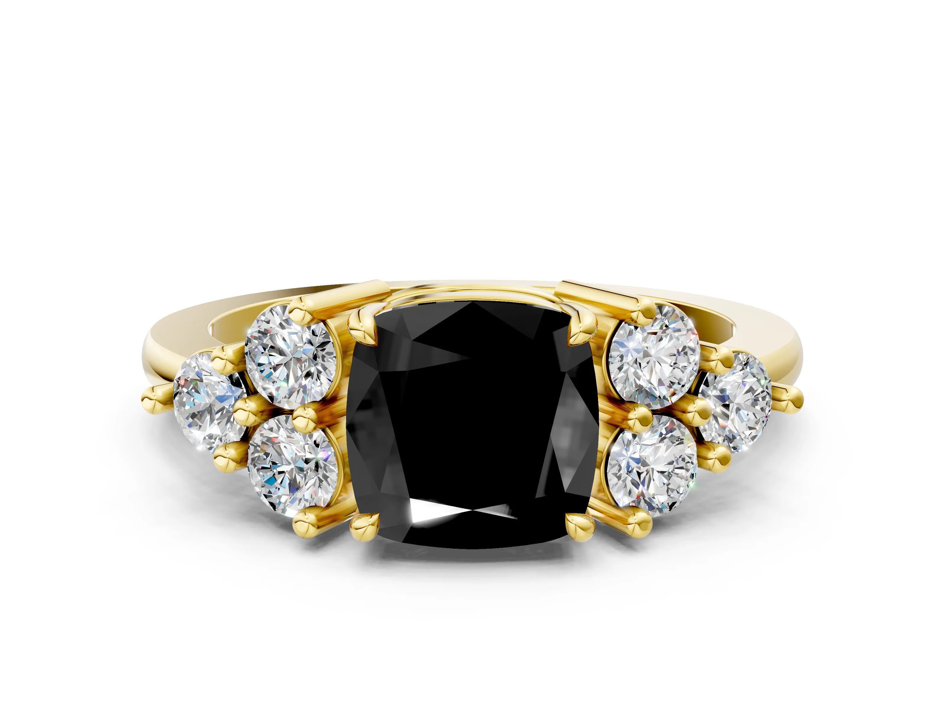 Yellow gold Fancy Black Cushion Cut Brilliant Diamond Cluster Accent Solitaire Ring with Prong Setting