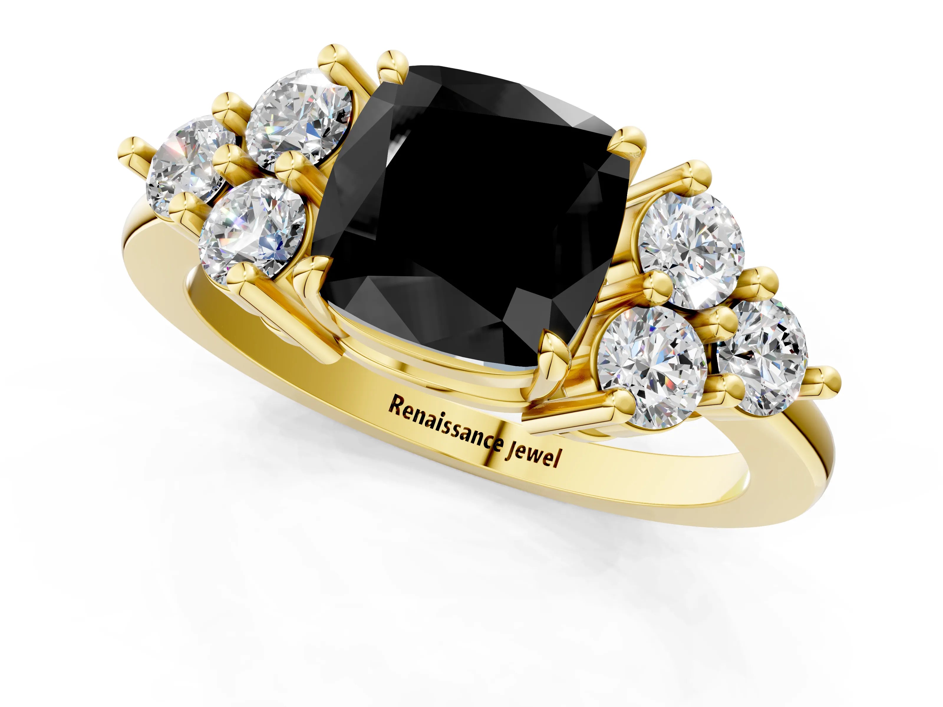 Yellow gold Fancy Black Cushion Cut Brilliant Diamond Cluster Accent Solitaire Ring with Prong Setting_1