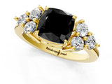 Yellow gold Fancy Black Cushion Cut Brilliant Diamond Cluster Accent Solitaire Ring with Prong Setting_1