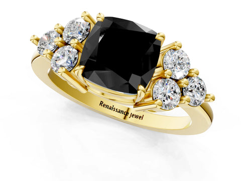 Yellow gold Fancy Black Cushion Cut Brilliant Diamond Cluster Accent Solitaire Ring with Prong Setting_1