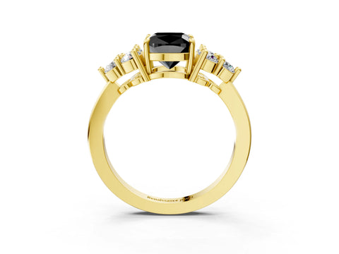 Yellow gold Fancy Black Cushion Cut Brilliant Diamond Cluster Accent Solitaire Ring with Prong Setting_3