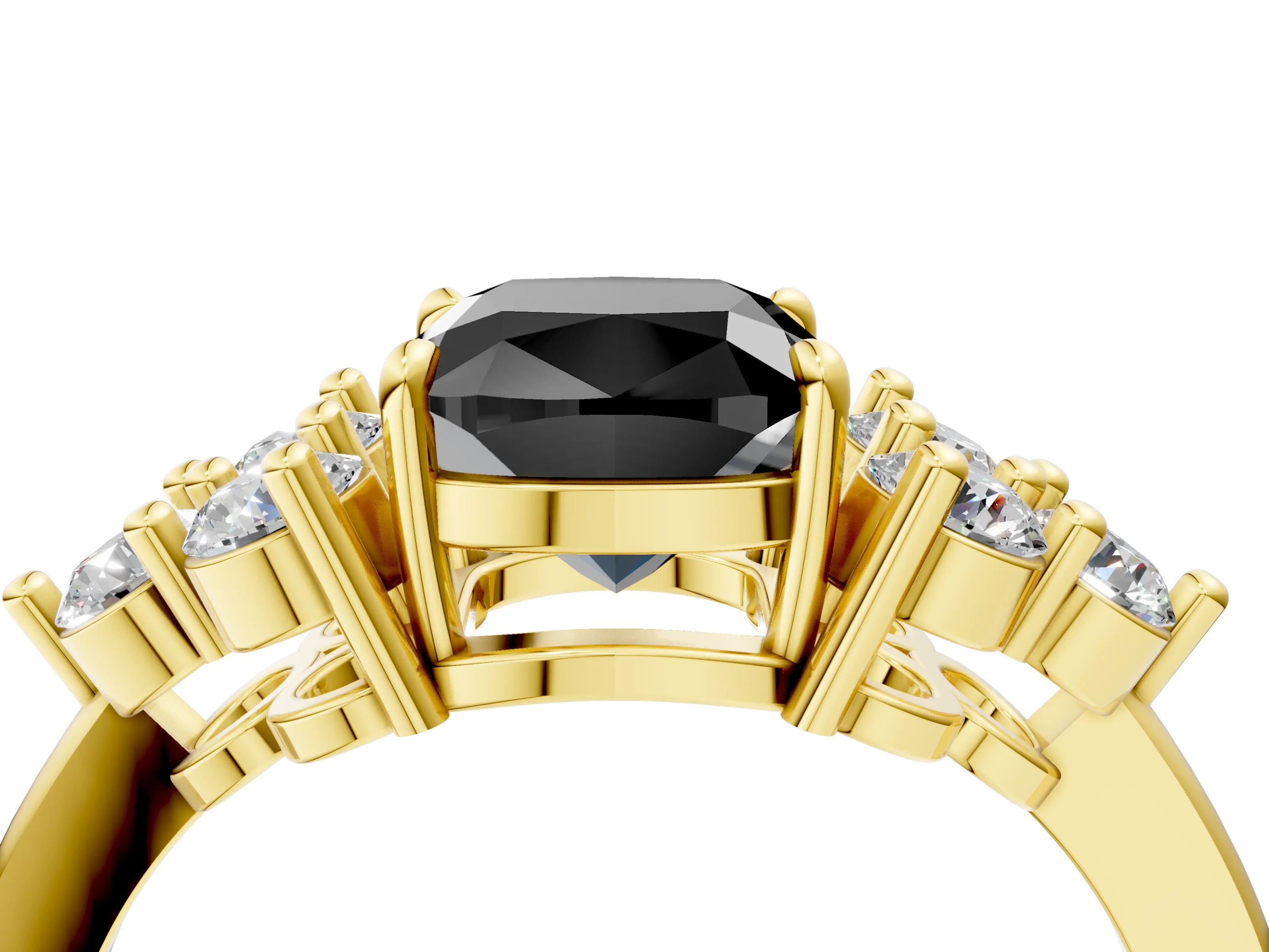 Yellow gold Fancy Black Cushion Cut Brilliant Diamond Cluster Accent Solitaire Ring with Prong Setting_4