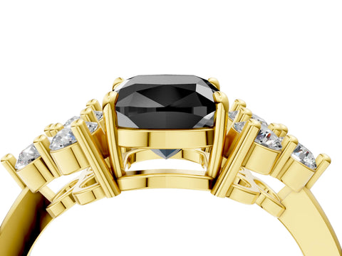 Yellow gold Fancy Black Cushion Cut Brilliant Diamond Cluster Accent Solitaire Ring with Prong Setting_4