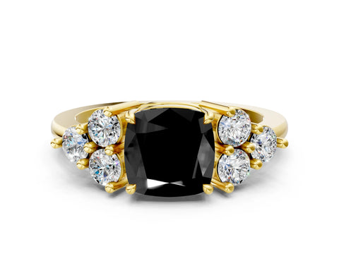 Yellow gold Fancy Black Cushion Cut Brilliant Diamond Cluster Accent Solitaire Ring with Prong Setting