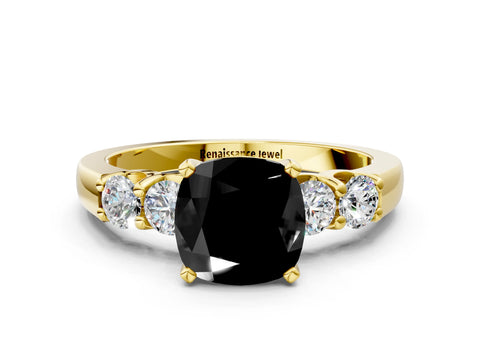 Yellow gold Fancy Black Cushion Cut Brilliant Diamond Five-Stone Engagement Ring with Prong Setting on a Classic Band_3