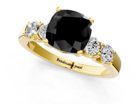 Yellow gold Fancy Black Cushion Cut Brilliant Diamond Five-Stone Engagement Ring with Prong Setting on a Classic Band_4