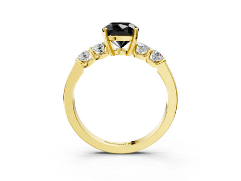 Yellow gold Fancy Black Cushion Cut Brilliant Diamond Five-Stone Engagement Ring with Prong Setting on a Classic Band_6
