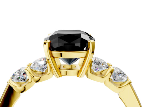 Yellow gold Fancy Black Cushion Cut Brilliant Diamond Five-Stone Engagement Ring with Prong Setting on a Classic Band_7