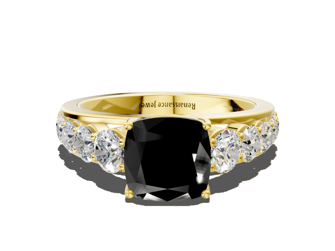 Yellow gold Fancy Black Cushion Cut Brilliant Diamond Pavé Band with Six-Prong Setting_12